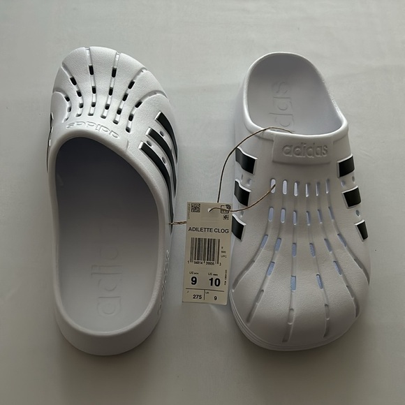 )NWT) Adidas Adilette Unisex Clogs in White & Black, (10 Women’s) (9 Men’s) - Picture 13 of 17